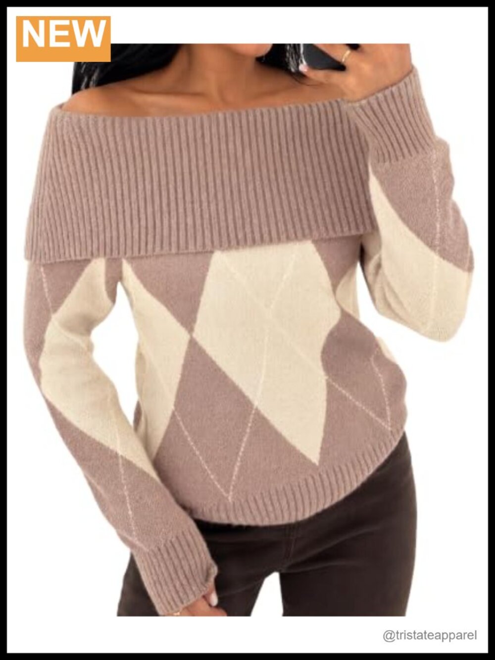 Off Shoulder Argyle Sweater Color Block Knit Pullover Women's Cozy Oversized